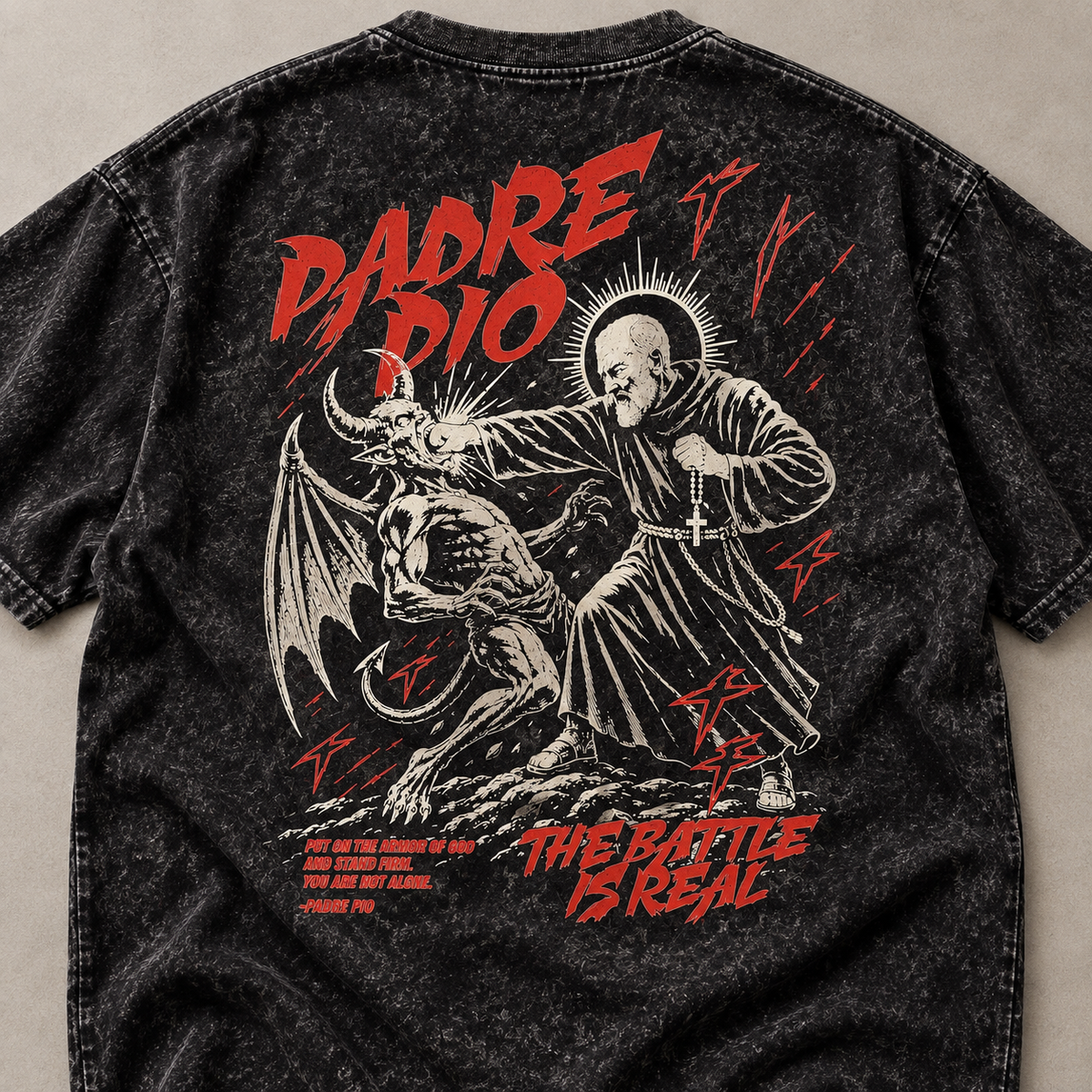 Padre Pio Acid-Wash T-Shirt — The Battle Is Real