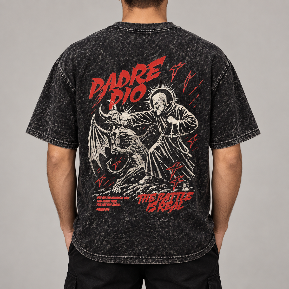 Padre Pio Acid-Wash T-Shirt — The Battle Is Real